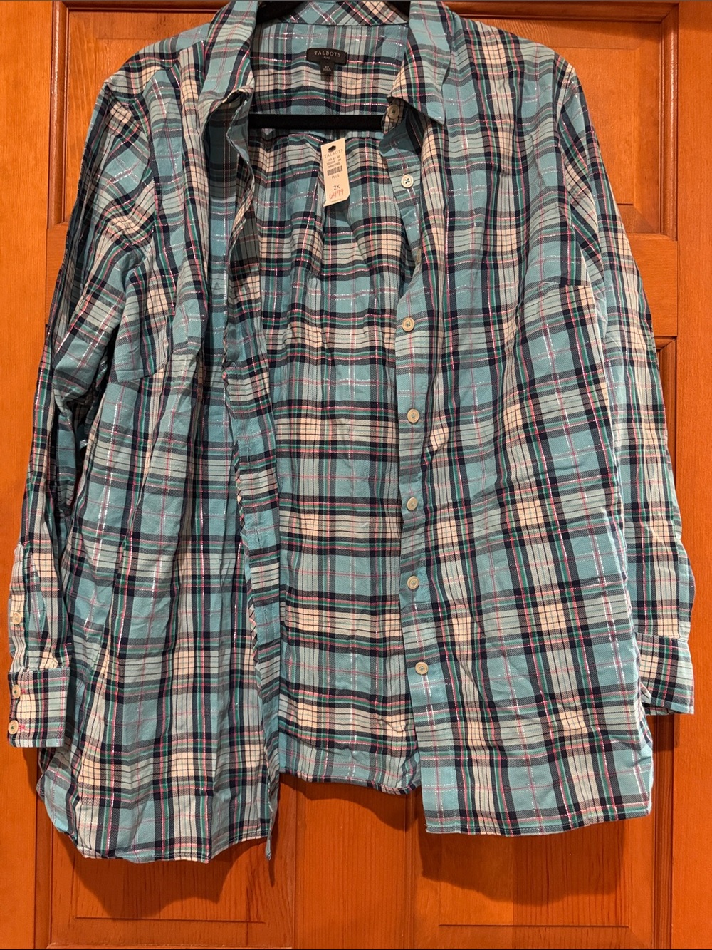 Talbots Womens Teal and White Plaid Button-Down Shirt